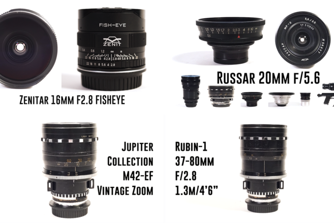 Rent a Zenitar 16mm f/2.8 Fish, Russar 20mm f/5.6, Rubin 37-80mm