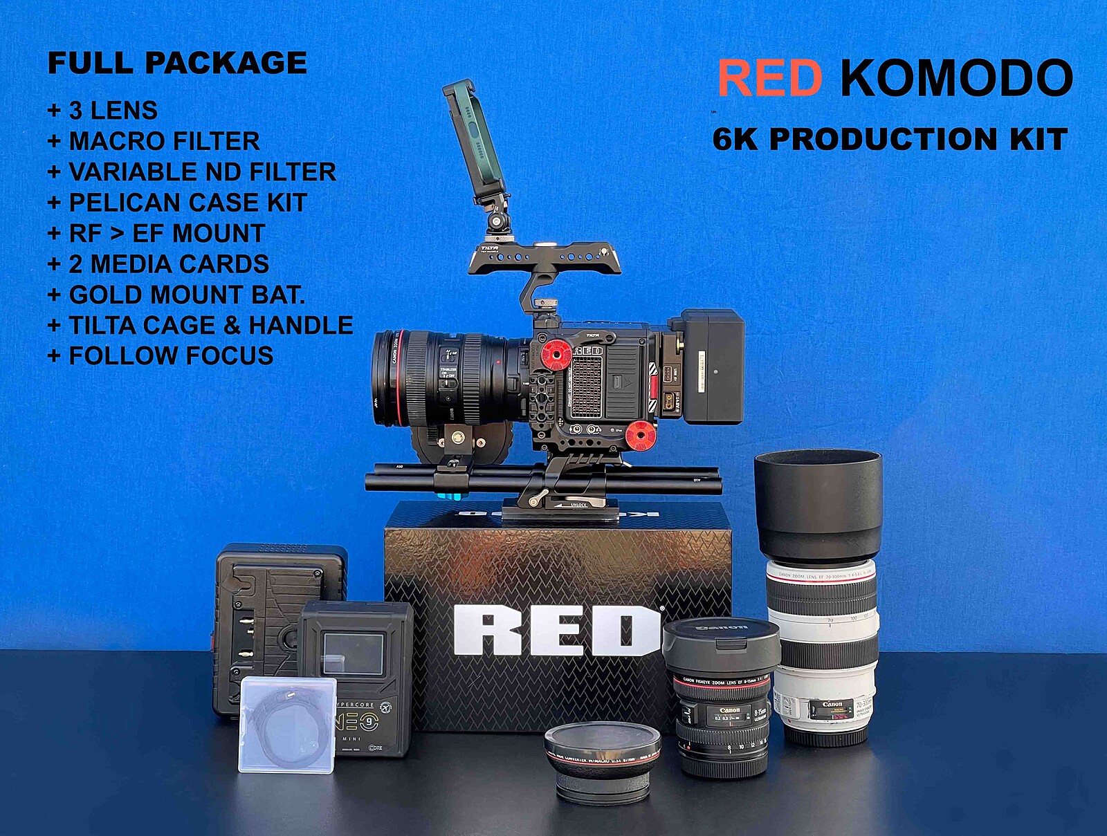 Rent a RED Komodo PREMIUM Package + Lens + Follow Focus + AC Kit +